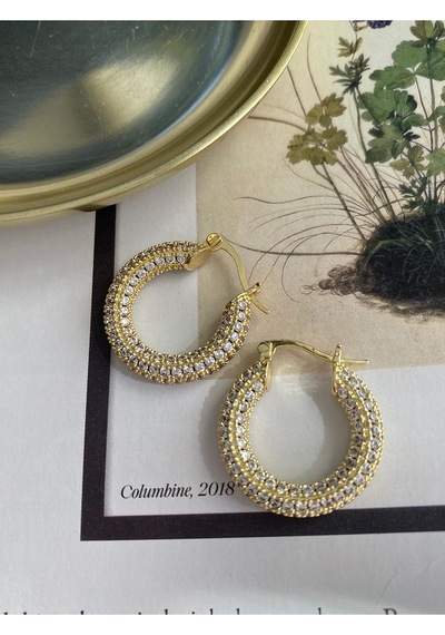 Pinery Jewels Zirkon Taşlı Halka Sallantılı Altın Kaplama Kadın Küpe Çifti Altın