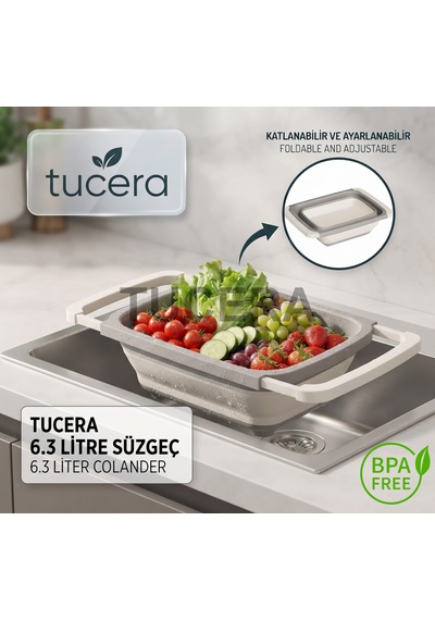 Tucera Ayarlanabilir Katlanabilir Lavabo İçi Süzgeç 6.3 Litre Geniş Hacimli Meyve, Sebze Ve Makarna Süzgeci Krem