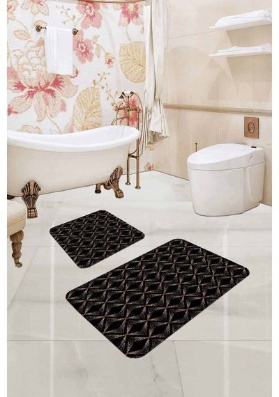 Siyah Mermer Görünümlü Banyo Halısı Klozet Paspas Seti Bs346n11