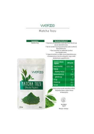 Wefood Matcha Tozu Glütensiz Vegan Katkısız 50 Gr