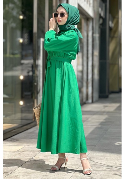 Sevitli Yakalı Mevlana Kadın Elbise Benetton Yeşili 2266 Yeşil