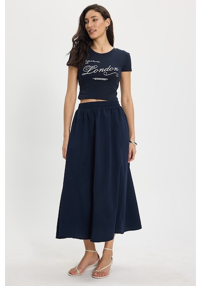 Tudors Kadın Slim Fit Dar Kesim Pamuk Bisiklet Yaka Kısa Kollu Baskılı Lacivert Crop Tişört-50534 L