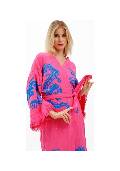 Befera Dragon Müslin Kimono Pamuklu Ejderha Baskılı Desenli Bornoz Kaftan Sabahlık Fuşya