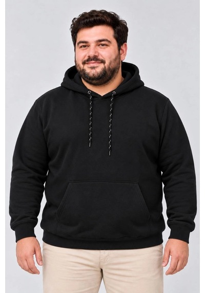 Ertaştrendstore Erkek Battal Büyük Beden Üç İplik İçi Şardonlu Kapüşonlu Kanguru Cepli Kışlık Sweatshirt - Siyah Çok Renk