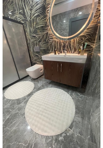 2li Peluş Buble Post Yıkanabilir Klozet Takımı 80x80 Ve 100x100 Krem