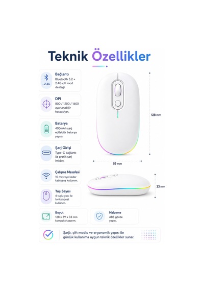 Beyaz Şarjlı Kablosuz Mouse Bluetooth 5.2 + 2.4g Çift Modlu Sessiz Tuşlu Rgb Işıklı 800 1200 1600 Dpı Type-c Şarjlı Ergonomik Mouse Çok Renkli Diğer Beyaz Şarjlı Kablosuz Mouse Bluetooth 5.2 + 2.4g Çift Modlu Sessiz Tuşlu Rgb Işıklı 800 1200 1600 Dpı Type-c Şarjlı Ergonomik Mouse Çok Renkli Diğer