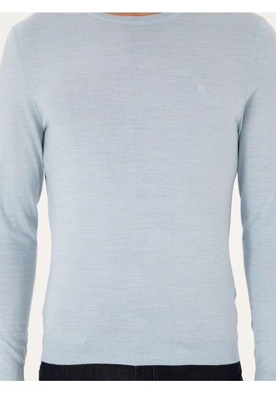 Cacharel Açık Mavi Slim Fit Yün Karışımlı Bisiklet Yaka Basic Triko Kazak Denım