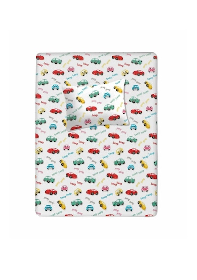 %100 Pamuklu Bebek Lastikli Çarşaf 60x120+20 Bebek Yastık Kılıfı 35x45 Araba Desenli