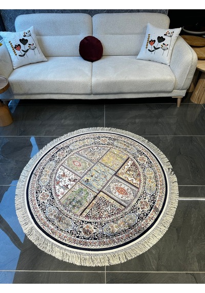 Orfe İpek Tuşeli Halı Salon Halısı, Oturma Odası Halısı, Antre Giriş Halısı Yuvarlak Mavi