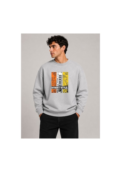 Herkesemoda Exceed Baskı Detaylı Bisiklet Yaka Şardonlu 2 İplik Sweatshirt Gri