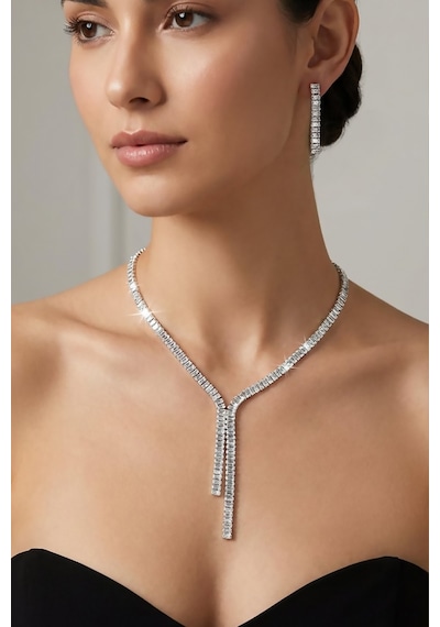 Valmont Accessories 39 Cm Zirkon Taşlı Y Model Şık Işıltılı Tasarım Düğün, Kına, Nişan Gelin Takı Seti Gümüş