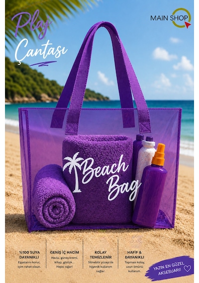 Mainshop Mor Şeffaf Beach Bag Kadın Plaj Çantası Büyük Hacimli M-plj01