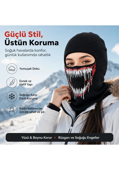 Unisex Canavar Diş Baskılı Balaklava 1 Adet Tek Beden Viskoz Kask İçi Motosiklet Maskesi 1 Siyah