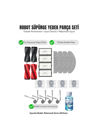 Roborock Saros 20 Sonic İle Uyumlu 2 Ana Fırça 4 Yan Fırça 4 Filtre 4 Mop 1 Deterjan 4 Toz Torbası 8.0