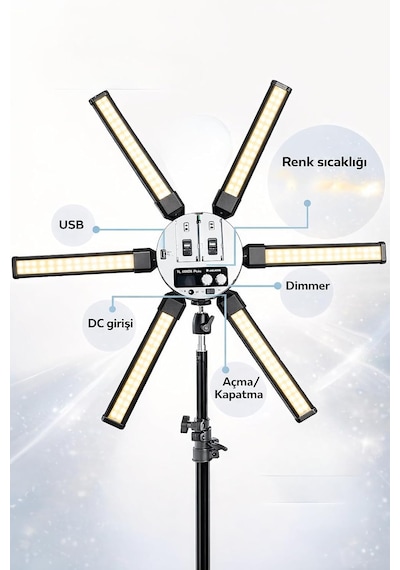 Yıldız Çubuk Led Işık Ürün Çekim Canlı Yayın Tam Profesyonel 2.10cm Trpod Ayak Çekim Işığı Beyaz