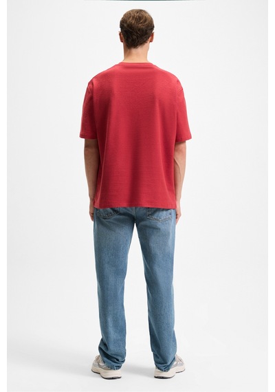 Grımelange BONDIA Erkek Baskı Detaylı %100 Organik Pamuk Oversize Fit Bisiklet Yakalı Kısa Kollu Bordo T-Shirt
