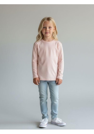 Zekids Kız Çocuk Pamuklu Bisiklet Yaka Uzun Kollu İnce Basic T-shirt-16776 Somon