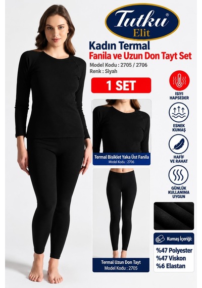 Tutku Elit Kadın Termal Bisiklet Yaka Fanila Ve Uzun Alt İçlik Tayt Set 2705 /2706- 1 Set Siyah