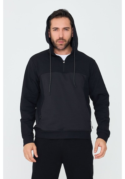 White Stone Siyah Kapüşonlu Yarım Fermuarlı Yandan Cepli Erkek Sweatshirt