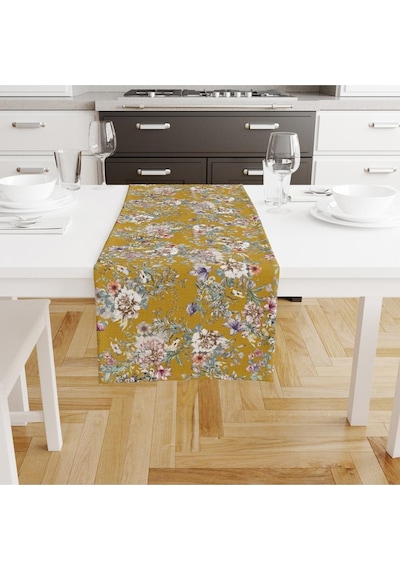 Colourful Flowers Runner 140x45cm İnce Keten, Uluslararası Yıkama Ve Solmama Sertifikası Çok Renkli