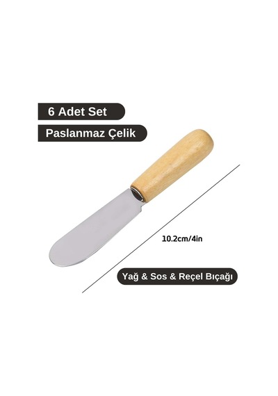 6'lı Ahşap Saplı Kahvaltı Bıçağı Paslanmaz Çelik Yağ Sos Reçel Sürme Bıçağı 10,2 cm