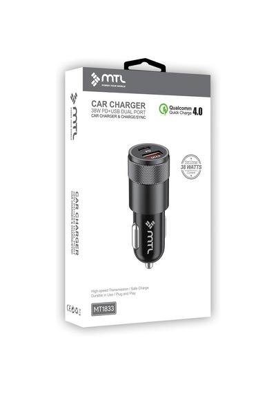 Araç Şarj Aleti Çakmaklık 38w Type-c + Usb Çift Portlu - Qualcomm Qc 4.0 Desteği Mt-a1833 Siyah İle Uyumlu