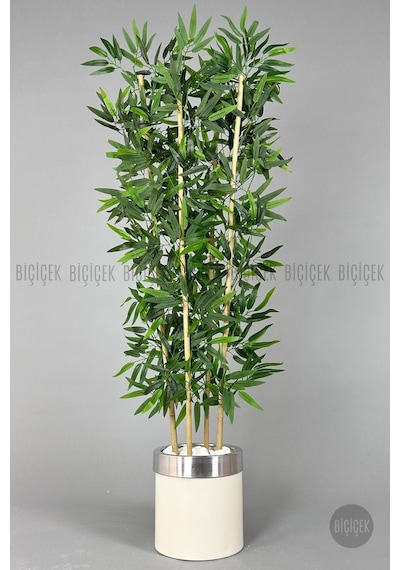 Yapay Bambu Ağacı 140cm Krem Gümüş Metal Saksıda Krem-silver