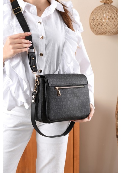 Just Polo Adın Monogram Desenli Ayarlanabilir Askılı Omuz Ve Çapraz Çanta Siyah