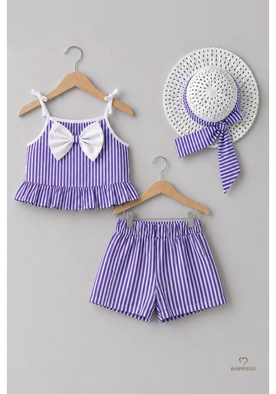 Babyden's Kız Bebek Yazlık Takım Şapkalı Şortlu Takım Askılı Fiyonklu Alt Üst Takım Günlük Özel Gün Kombini Lila
