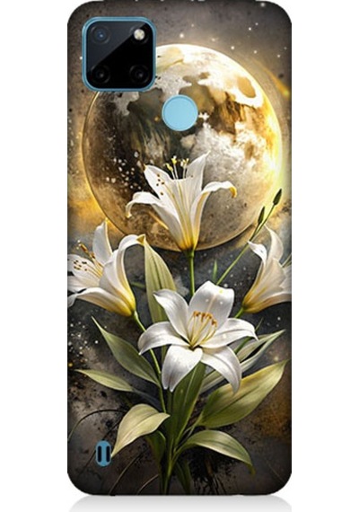 Realme C21y Uyumlu Ay Ve Çiçek Desenli Silikon Kılıf