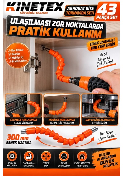 43 Parça Akrobat Bits Tornavida Seti 300 Mm Esnek Uzatmalı Lokma Ve Uç Seti