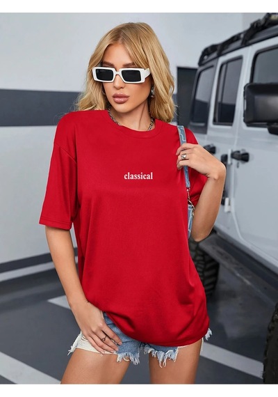 Kadın Kırmızı Classical Ön Baskılı Oversize T-shirt Kırmızı