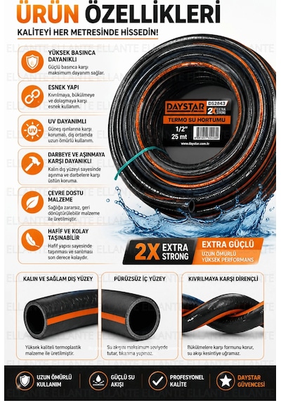 Patlamaz 1/2 İnç 25 Metre Termoplastik Su Hortumu 2x Extra Strong Yüksek Basınca Dayanıklı Esnek Bah