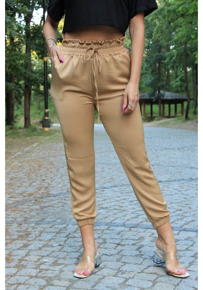 Neşeli Butik Kadın Camel Cepli Yüksek Bel Bağlama Detaylı Ayrobin Pantolon Dnz001