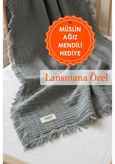 Bebek 4 Katlı Müslin Pike Örtü %100 Pamuk 2'li Ağız Bezi Hediyeli Yenidoğan 85x100 Battaniye Gri