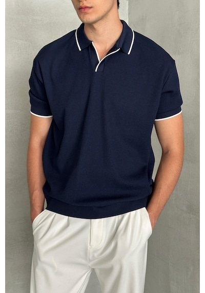 Erkek Oversize Selanik Polo Yaka Triko T-shirt Lacivert