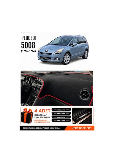 Peugeot 5008 Ekransız 2010-2014 Uyumlu Torpido Örtüsü, Torpido Kılıfı - Siyah Kırmızı