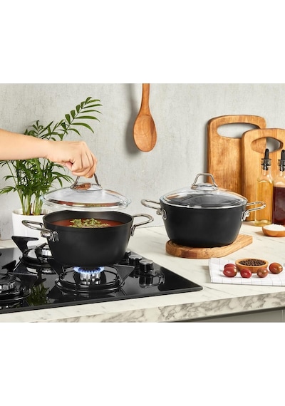 Dark Granit Derin Tencere Cam Kapaklı Yanmaz Yapışmaz Titanyum Kaplama - 24 Cm