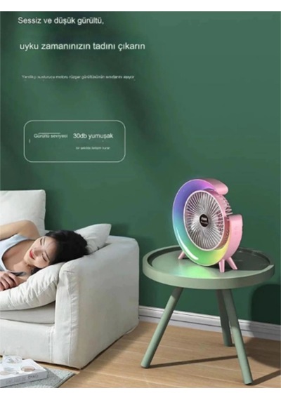 Masaüstü Vantilatör Usb Şarjlı Rgb Led Işıklı 3 Kademeli 180 Ayarlanabilir Soğutucu Fan Pembe Çok Renkli