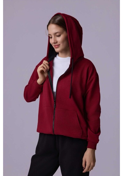 Defys Defy S Kadın Oversize Kapüşonlu Fermuarlı Cepli Sweatshirt Bordo - 527346818 Bordo