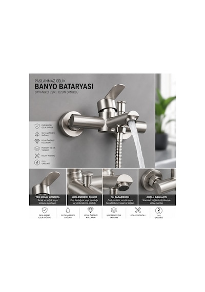 Banyo Bataryası İnox Paslanmaz Çelik Çift Çıkışlı Duş Hortumu Bağlantılı Musluk Metal