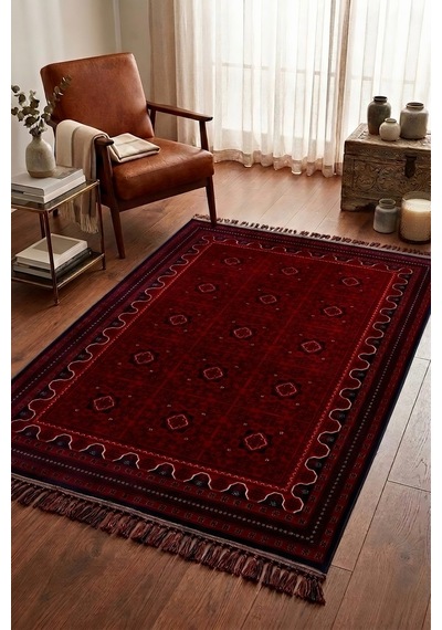 Leiva Home Otantik Afgan Etnik Desenli Kadife Bambu Kaymaz Yıkanabilir İpeksi Yumuşak Saçaklı Salon Halısı Red/bordo