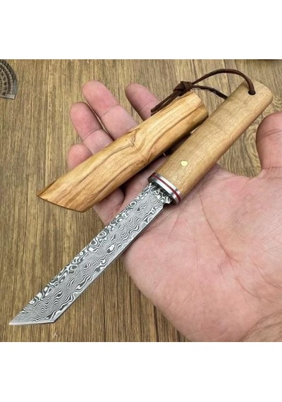 Damascus Kamp Tanto Japon Edc Zeytin Ağacı Sap Kahverengi