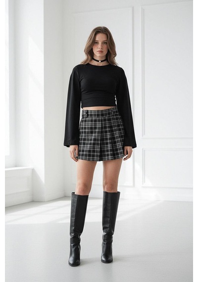 Madmext Siyah %100pamuklu Ekose Desen Pileli Mini Şort Etek Mg2629 Siyah