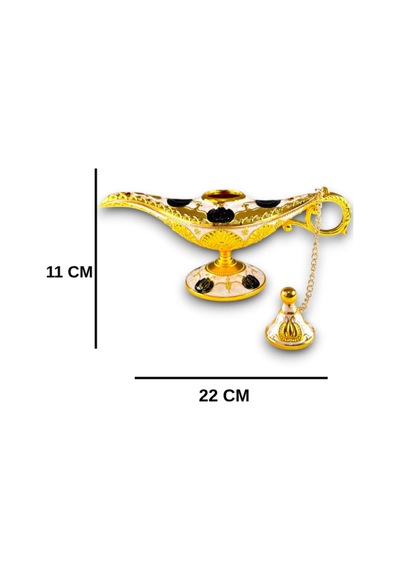 Aladdin Sihirli Lambası Mineli Renkli İşlemeli Dekoratif Biblo Alaattin Metal Çelik 22x11 CM