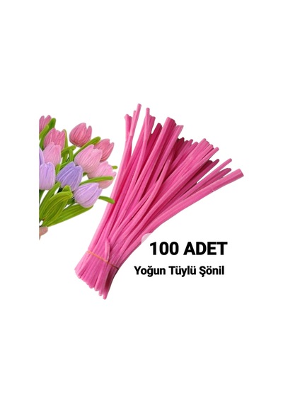 100 Adet Şeker Pembe Şönil, Çiçek Yapımına Uygun Tüylü Tel, 30 Cm 6mm