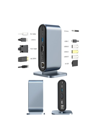 Profesyonel Hub 12in1 4k Hdmı Vga Usb 3.0 Rj45 100mbps Sd Kart Okuyucu 3.5mm Ses 100w Hızlı Şarj