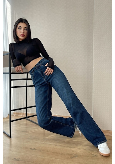 Koyu Mavi Kadın Wide Leg Jean Yüksek Bel Likralı Esnek Kot Pantolon Jessica-kymavi 001