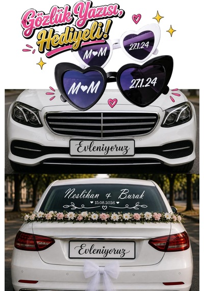 Gözlük Yazısı li , Gelin Arabası İçin Arka Cam Yazısı, Evleniyoruz Plaka Yazısı 3 Lü Set Sticker Gelin Arabası Süsü