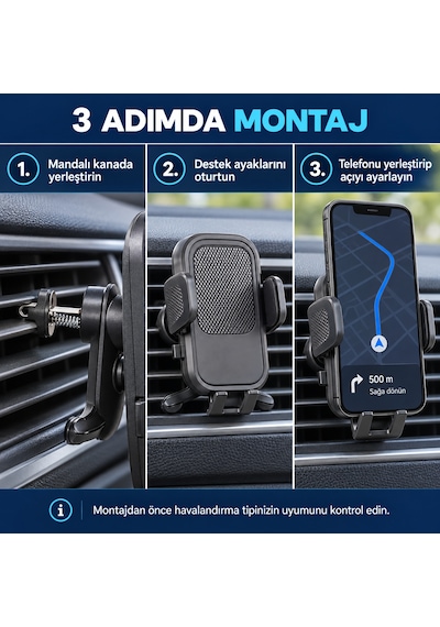 Dexxony Hp-a14 Mandallı Araç İçi Havalandırma Telefon Tutucu, Ayarlanabilir Abs Plastik Siyah